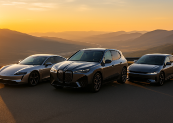 High-resolution digital photograph captures three top electric vehicles parked at a scenic overlook during sunset, with rolling hills in the background.