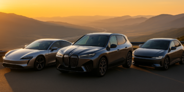 High-resolution digital photograph captures three top electric vehicles parked at a scenic overlook during sunset, with rolling hills in the background.