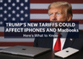 A digital news graphic announces the headline ‘Trump’s Tech Tariffs 2025’ with imagery of the White House, Apple products, and U.S.–China trade visuals.