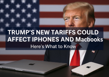 Trump Tech Tariffs 2025: How They Could Affect iPhones, MacBooks & Prices 7 A digital news graphic announces the headline ‘Trump’s Tech Tariffs 2025’ with imagery of the White House, Apple products, and U.S.–China trade visuals.