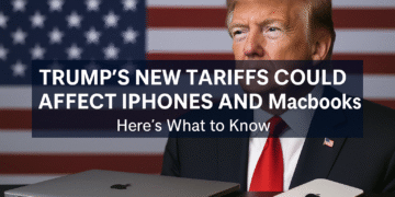 A digital news graphic announces the headline ‘Trump’s Tech Tariffs 2025’ with imagery of the White House, Apple products, and U.S.–China trade visuals.