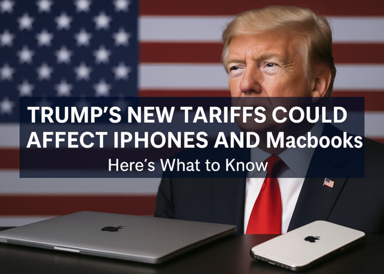 A digital news graphic announces the headline ‘Trump’s Tech Tariffs 2025’ with imagery of the White House, Apple products, and U.S.–China trade visuals.