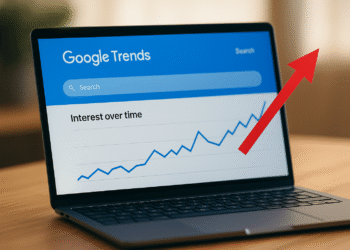 Laptop displaying Google Trends rising interest chart with red upward arrow