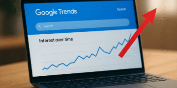 Laptop displaying Google Trends rising interest chart with red upward arrow