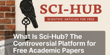 A digital news article header image showcases Sci-Hub in 2025 with abstract research paper visuals and academic icons.