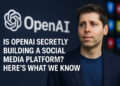 OpenAI Social Network Rumors: What We Know So Far 7 A digital news graphic displays a composite of OpenAI’s logo, a social media interface mockup, and AI-generated content visuals, representing the rumored development of an AI-powered social network.