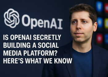 A digital news graphic displays a composite of OpenAI’s logo, a social media interface mockup, and AI-generated content visuals, representing the rumored development of an AI-powered social network.