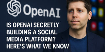 A digital news graphic displays a composite of OpenAI’s logo, a social media interface mockup, and AI-generated content visuals, representing the rumored development of an AI-powered social network.