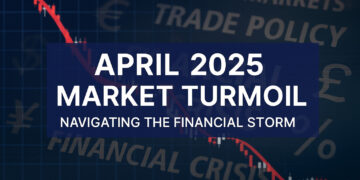 A digital image for an online article titled ‘April 2025 Market Turmoil: Navigating the Financial Storm,’ showing a downward red candlestick chart and financial keywords in the background.