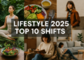 Digital collage of wellness, fashion, and eco-living elements illustrating key lifestyle changes in 2025.