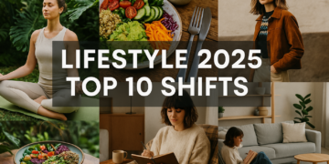 Digital collage of wellness, fashion, and eco-living elements illustrating key lifestyle changes in 2025.