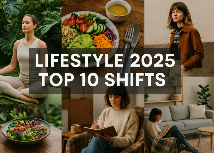 Digital collage of wellness, fashion, and eco-living elements illustrating key lifestyle changes in 2025.