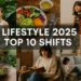 Digital collage of wellness, fashion, and eco-living elements illustrating key lifestyle changes in 2025.
