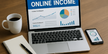 Photograph on a wooden desk showcases a modern workspace with a MacBook displaying online income dashboards, next to a coffee mug, smartphone, and notepad.