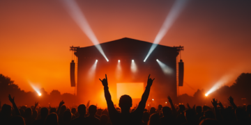Silhouetted crowd at sunset in front of a lit-up music festival stage with spotlights and vivid sky.