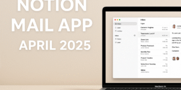 A digital promotional header graphic for the Notion Mail app, featuring a sleek interface mockup, email icons, and a clean productivity workspace aesthetic.