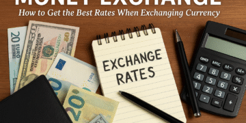 Money Exchange Guide with Currency Notes, Calculator, and Notebook