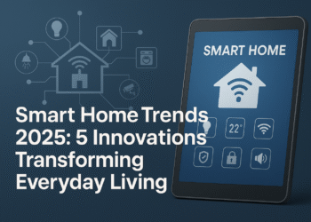 Smart Home Trends 2025 Graphic with Tablet Interface and Connected Devices