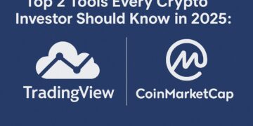 TradingView and CoinMarketCap logos side-by-side on a blue background with the title “Top 2 Tools Every Crypto Investor Should Know in 2025