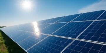 Modern solar panels absorbing sunlight in a clean energy field