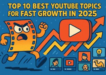 Cartoon YouTube Growth Illustration with Play Button and Rising Arrows for 2025