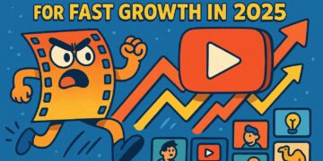 Cartoon YouTube Growth Illustration with Play Button and Rising Arrows for 2025