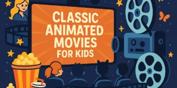 Cartoon-style illustration with movie projector, popcorn, and screen reading “Classic Animated Movies for Kids