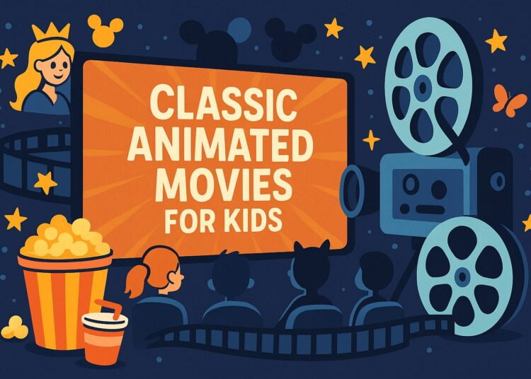 Cartoon-style illustration with movie projector, popcorn, and screen reading “Classic Animated Movies for Kids