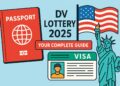 DV Lottery 2025 Complete Guide Illustration with U.S. Passport and Visa Icons