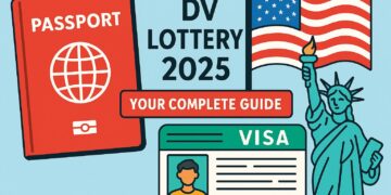 DV Lottery 2025 Complete Guide Illustration with U.S. Passport and Visa Icons