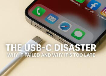The USB-C Disaster: Why It Failed and Why It’s Too Late to Fix 8 Close-up of a USB-C cable and smartphone with clear bold text “The USB-C Disaster – Why It Failed and Why It’s Too Late” over a clean beige background, with no branding.