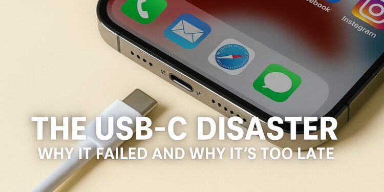 Close-up of a USB-C cable and smartphone with clear bold text “The USB-C Disaster – Why It Failed and Why It’s Too Late” over a clean beige background, with no branding.